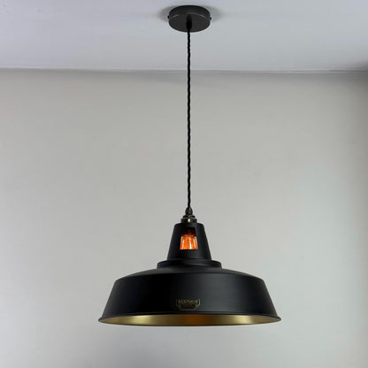 Wolferton XL ~ Matt Black & Brass Lampshade Coolie Design Pendant Ceiling Light ~ 15.5 Inch