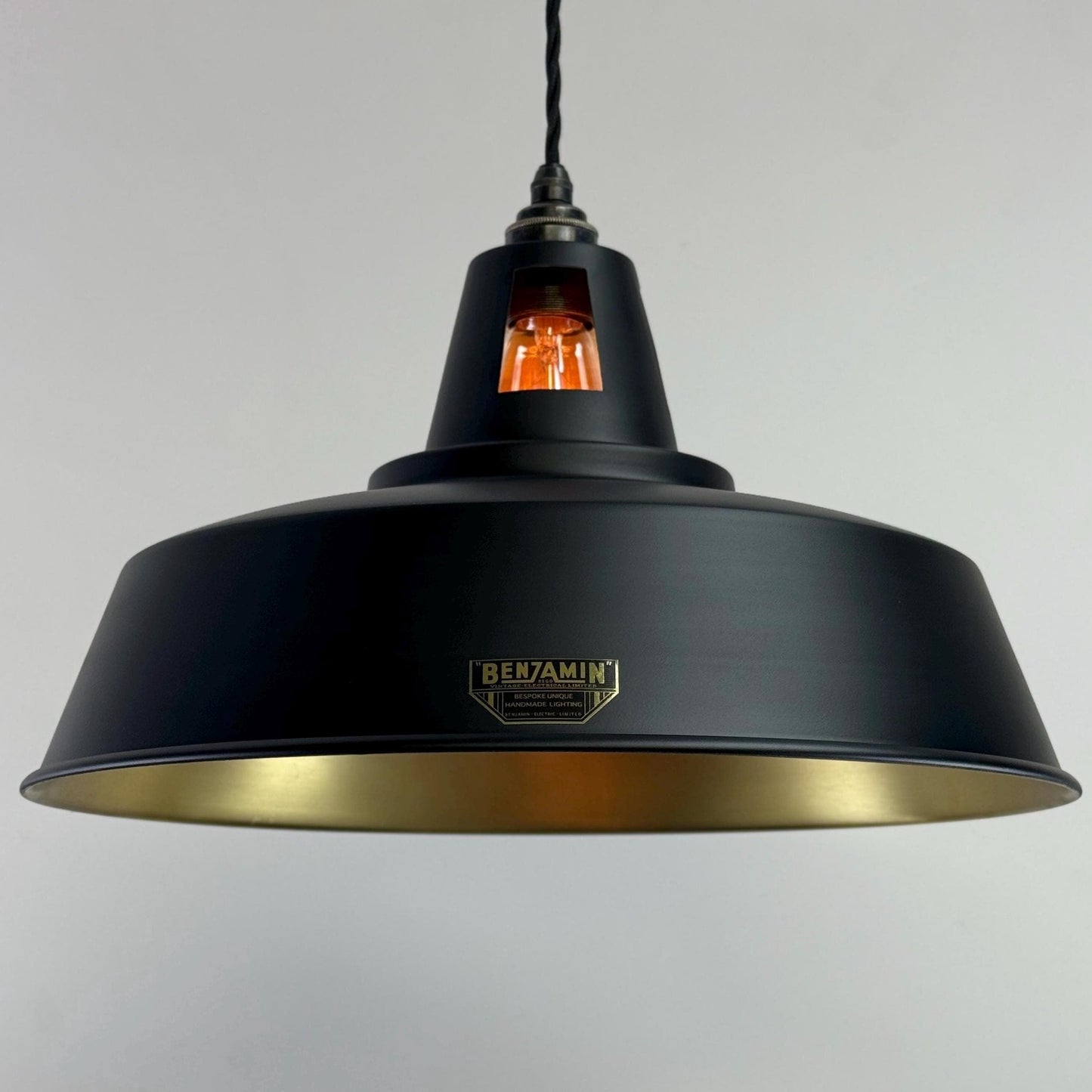 Wolferton XL ~ Matt Black & Brass Lampshade Coolie Design Pendant Ceiling Light ~ 15.5 Inch