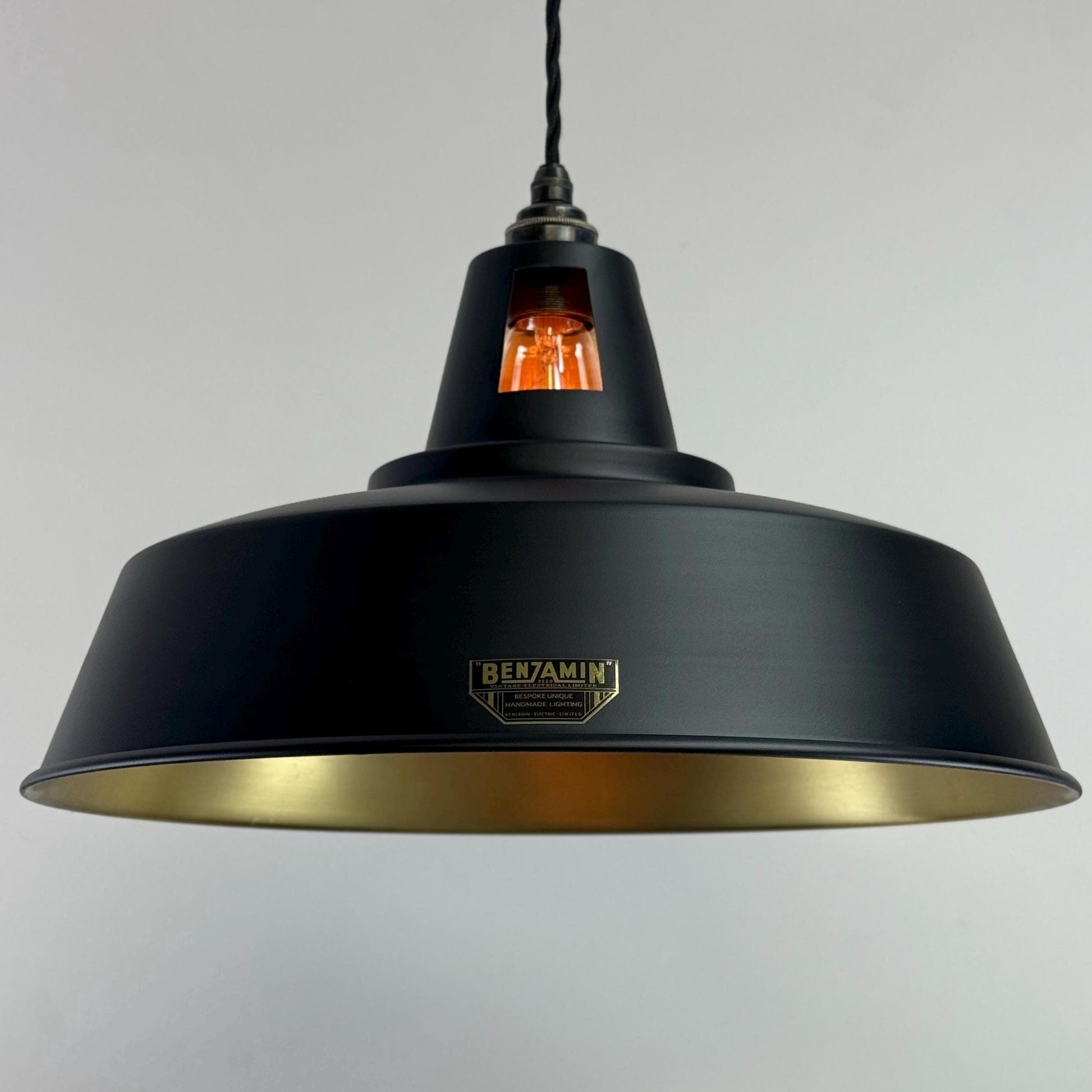 Wolferton XL ~ Matt Black & Brass Lampshade Coolie Design Pendant Ceiling Light ~ 15.5 Inch