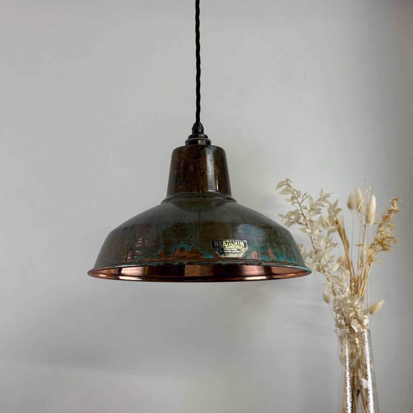 Filby ~ Solid Copper Verdigris Patina Reflector Shade Pendant Set Light | Ceiling Dining Room | Kitchen Table | Vintage Bulb | 12.5 Inch