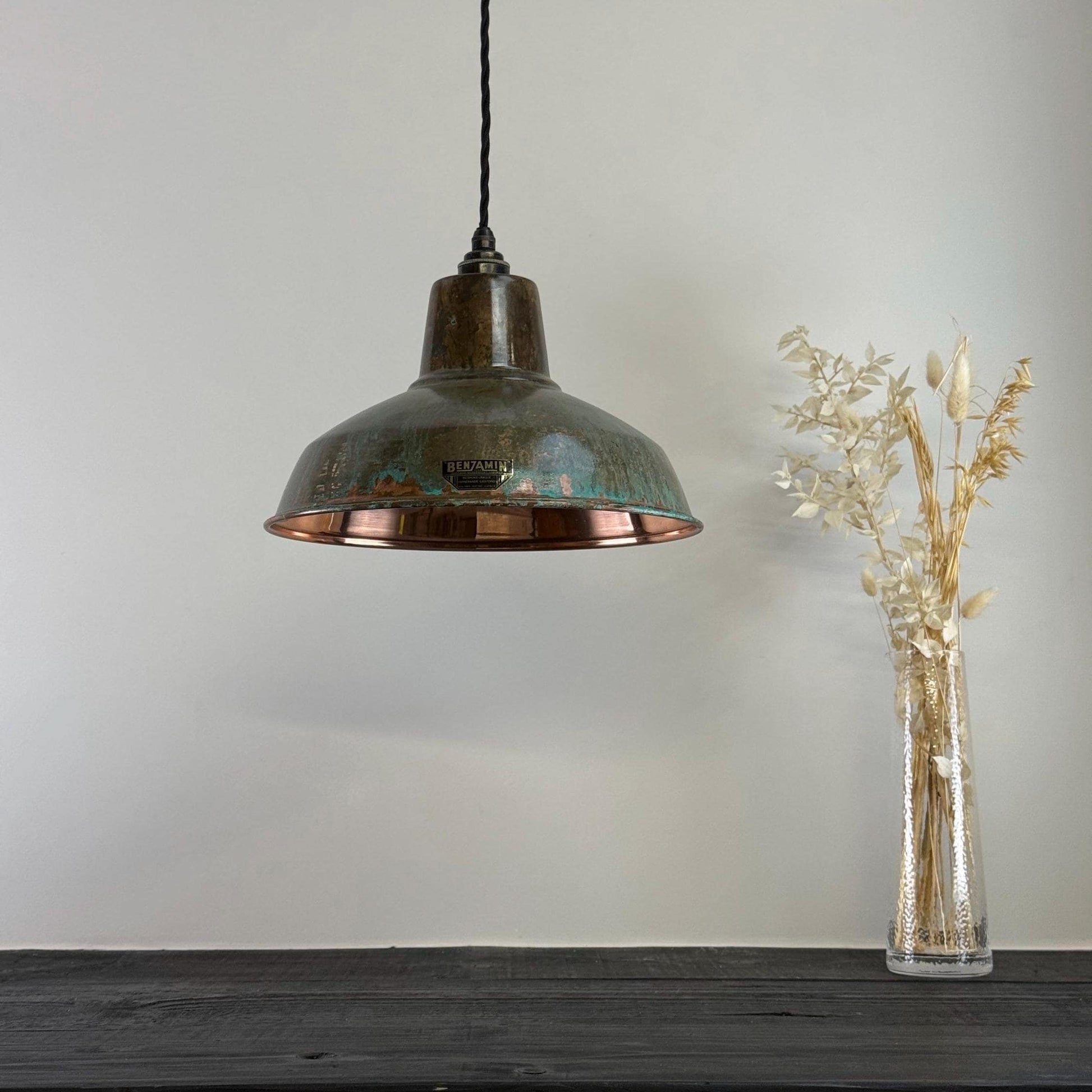 Filby ~ Solid Copper Verdigris Patina Reflector Shade Pendant Set Light | Ceiling Dining Room | Kitchen Table | Vintage Bulb | 12.5 Inch