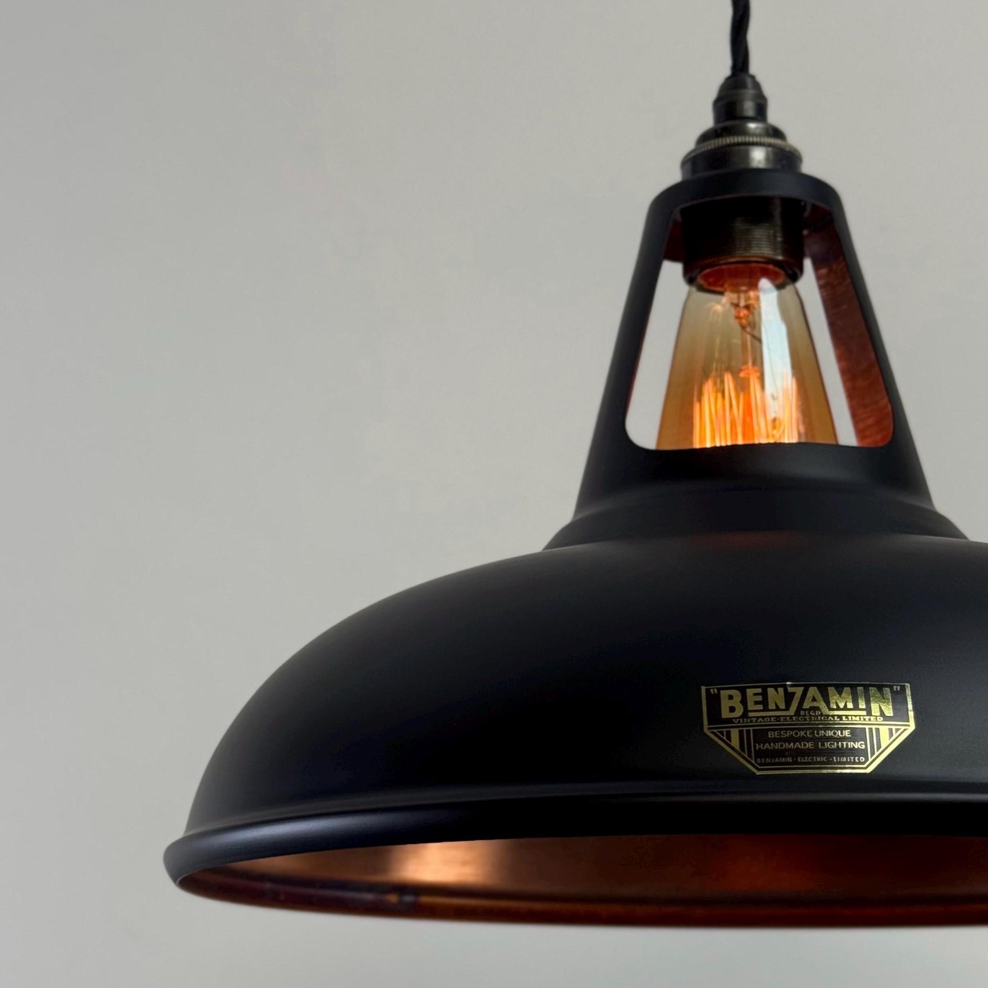Cawston XL ~ Matt Black & Antique Copper Lampshade Slotted Design Pendant Ceiling Light ~ 14 Inch