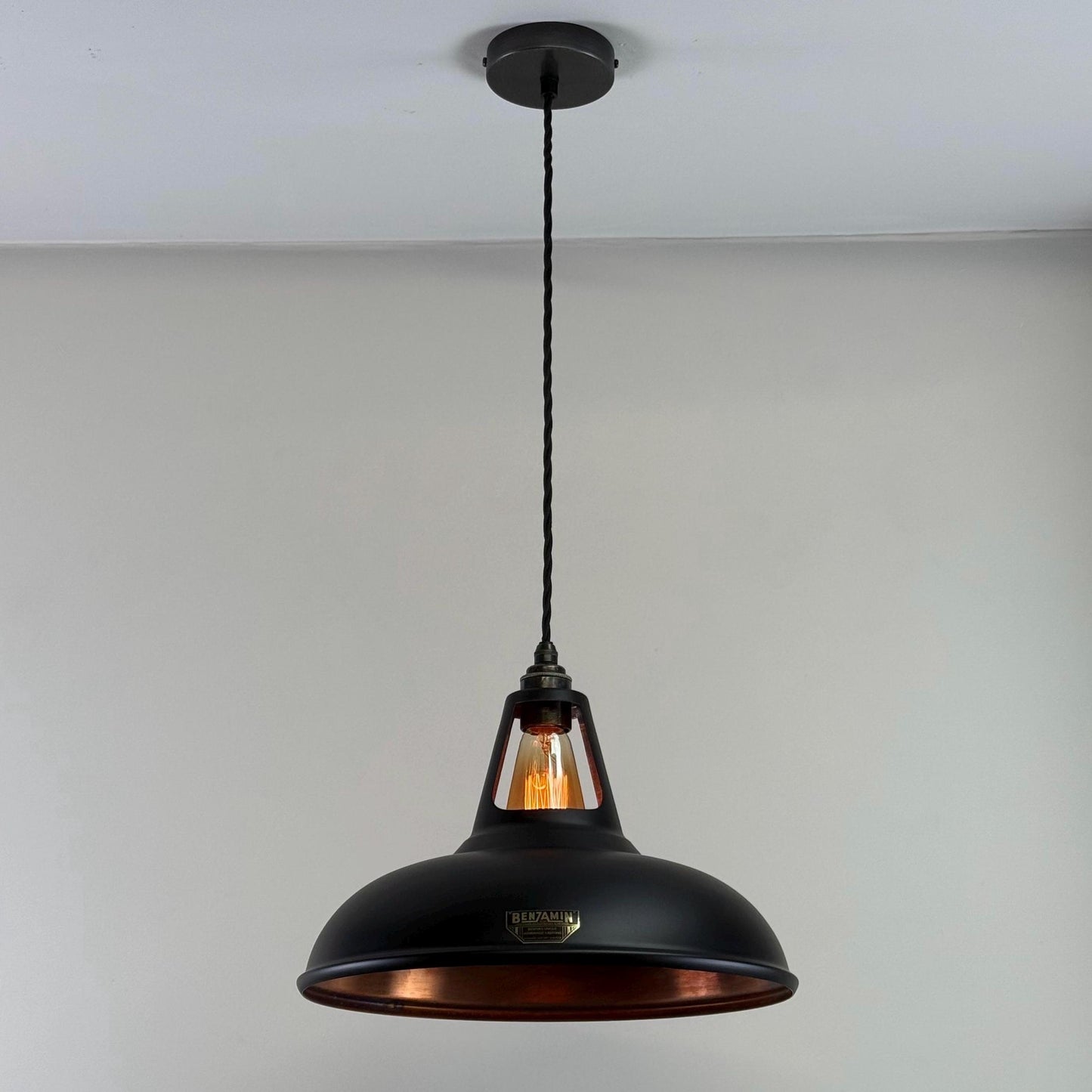 Cawston XL ~ Matt Black & Antique Copper Lampshade Slotted Design Pendant Ceiling Light ~ 14 Inch