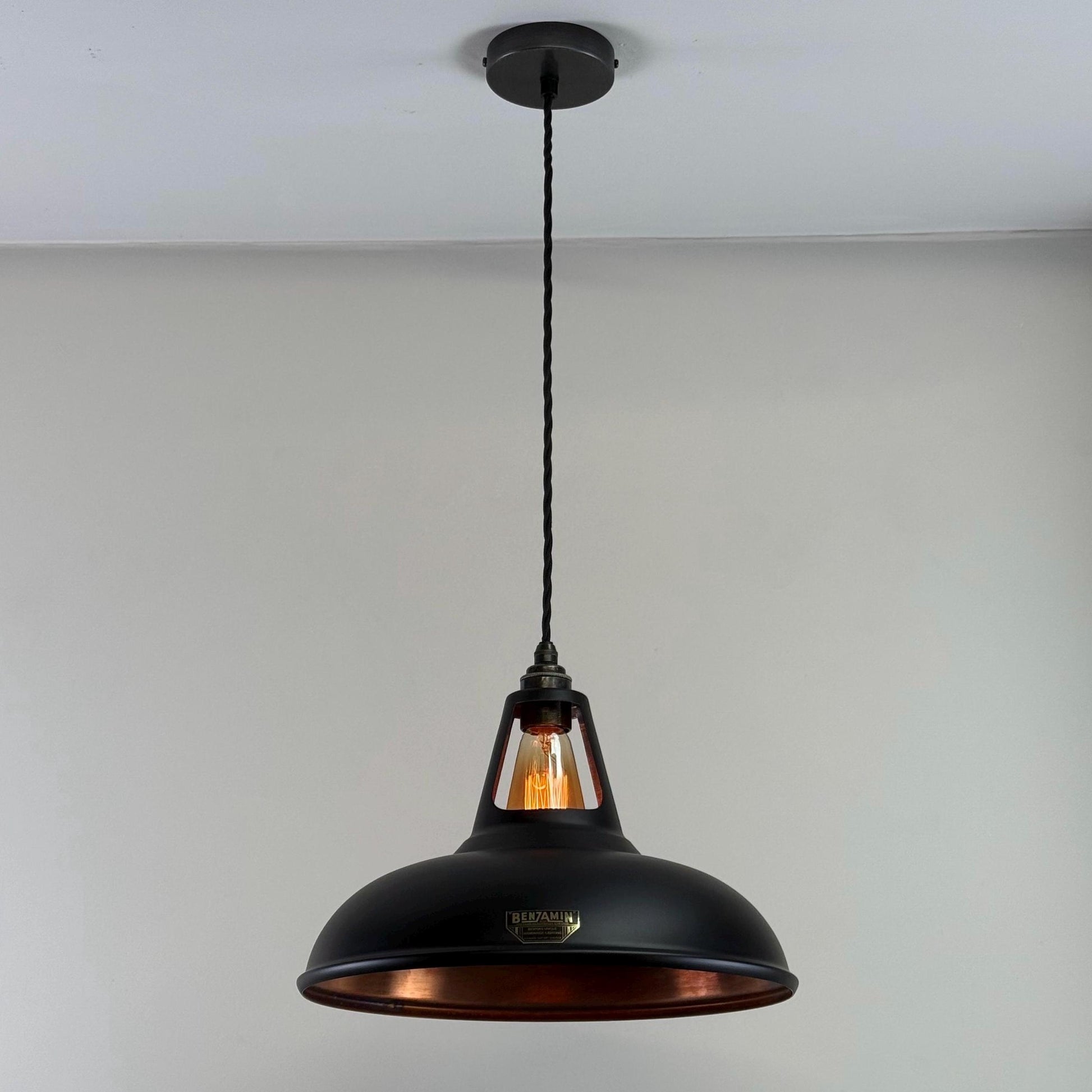 Cawston XL ~ Matt Black & Antique Copper Lampshade Slotted Design Pendant Ceiling Light ~ 14 Inch