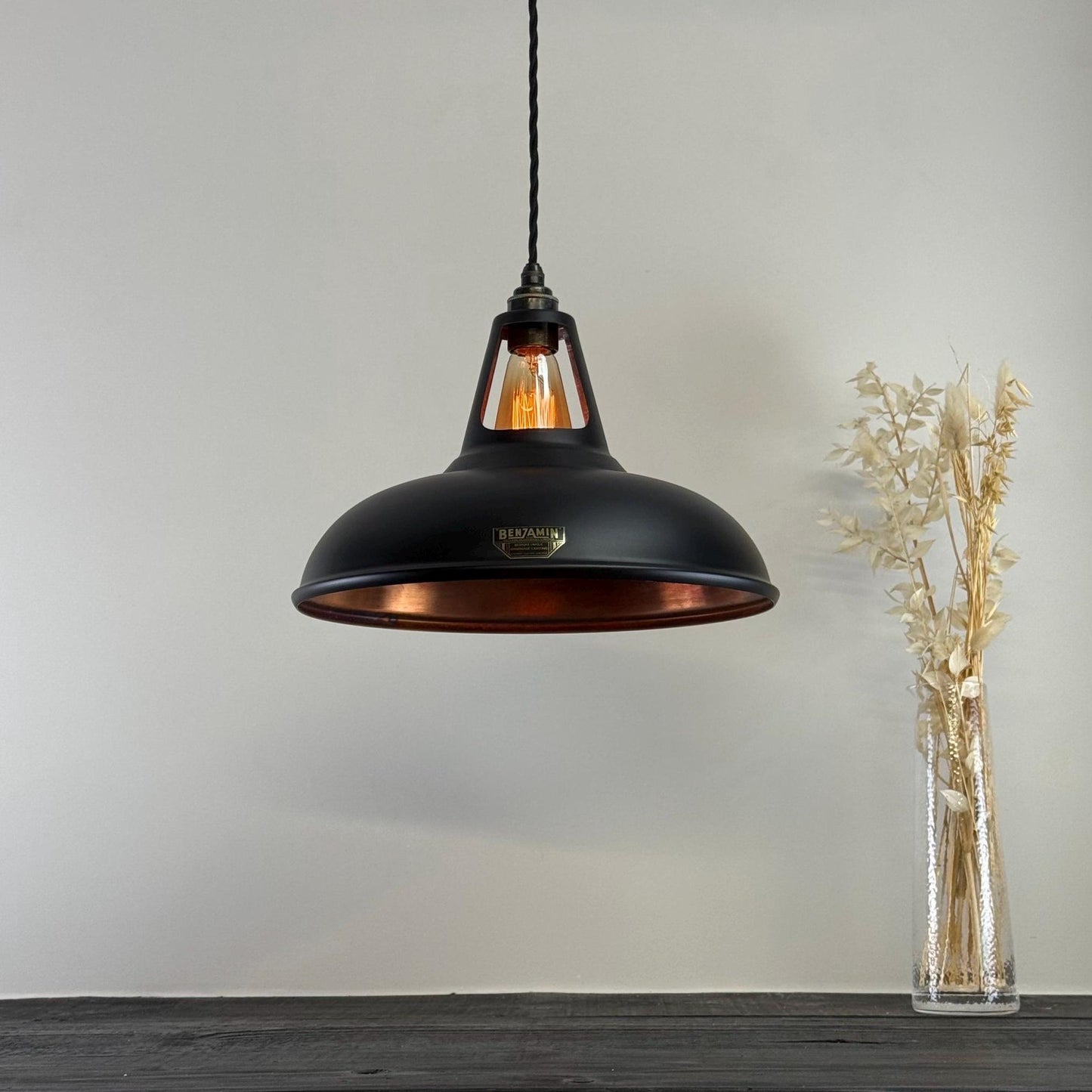 Cawston XL ~ Matt Black & Antique Copper Lampshade Slotted Design Pendant Ceiling Light ~ 14 Inch