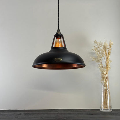 Cawston XL ~ Matt Black & Antique Copper Lampshade Slotted Design Pendant Ceiling Light ~ 14 Inch
