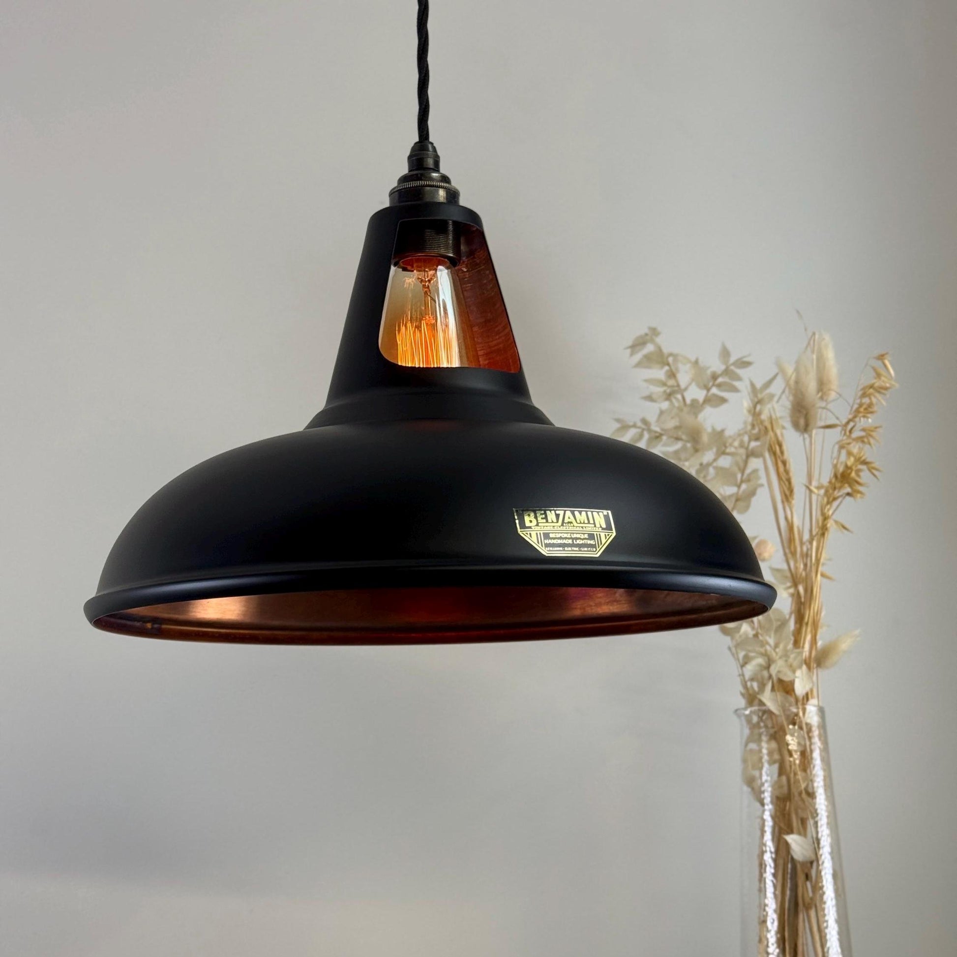 Cawston XL ~ Matt Black & Antique Copper Lampshade Slotted Design Pendant Ceiling Light ~ 14 Inch