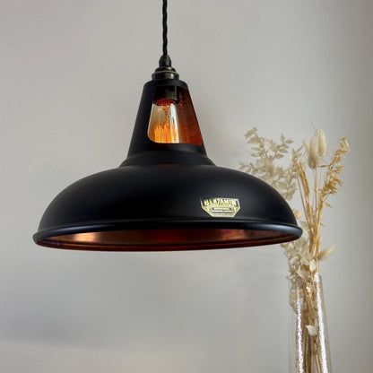 Cawston XL ~ Matt Black & Antique Copper Lampshade Slotted Design Pendant Ceiling Light ~ 14 Inch
