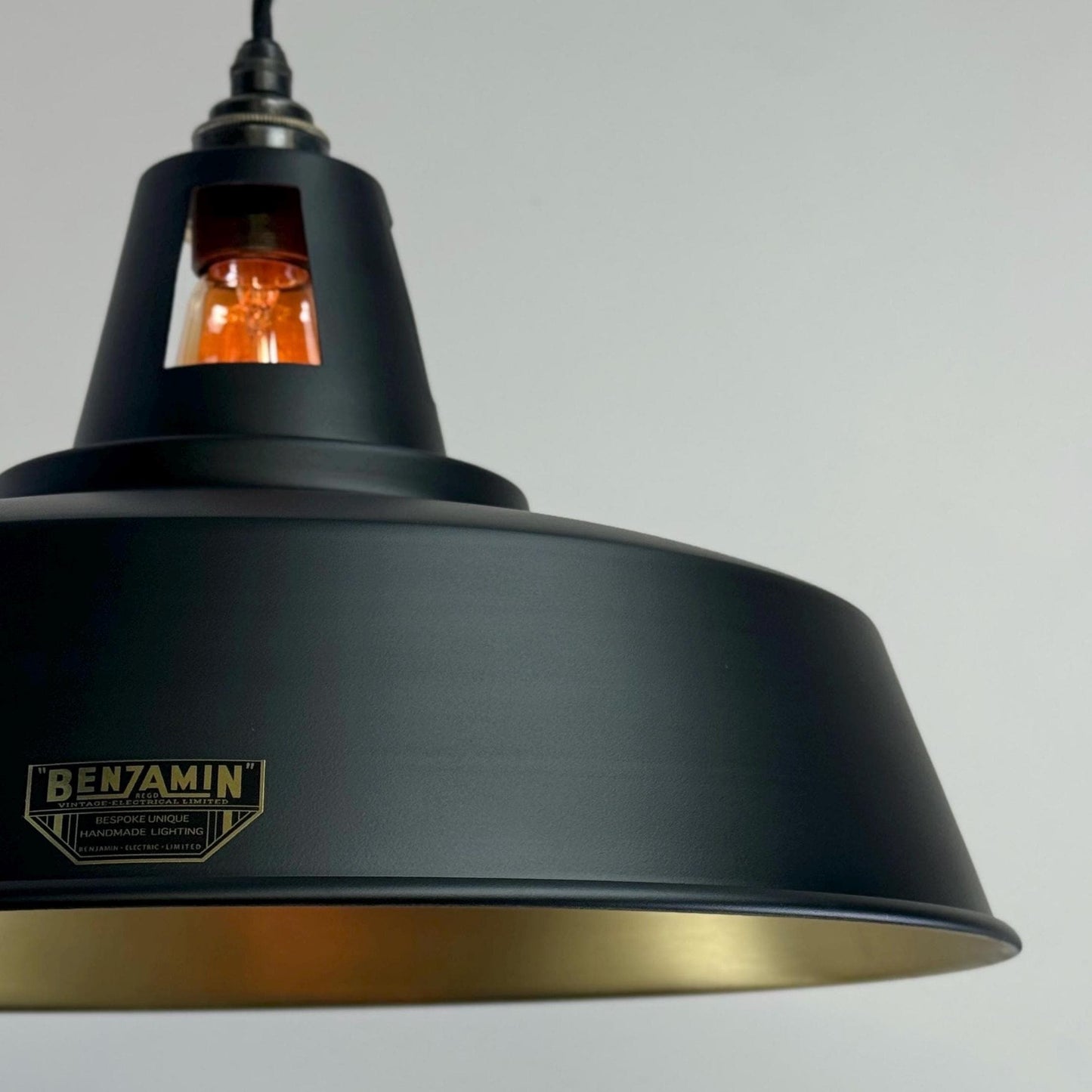 Wolferton XL ~ Matt Black & Brass Lampshade Coolie Design Pendant Ceiling Light ~ 15.5 Inch