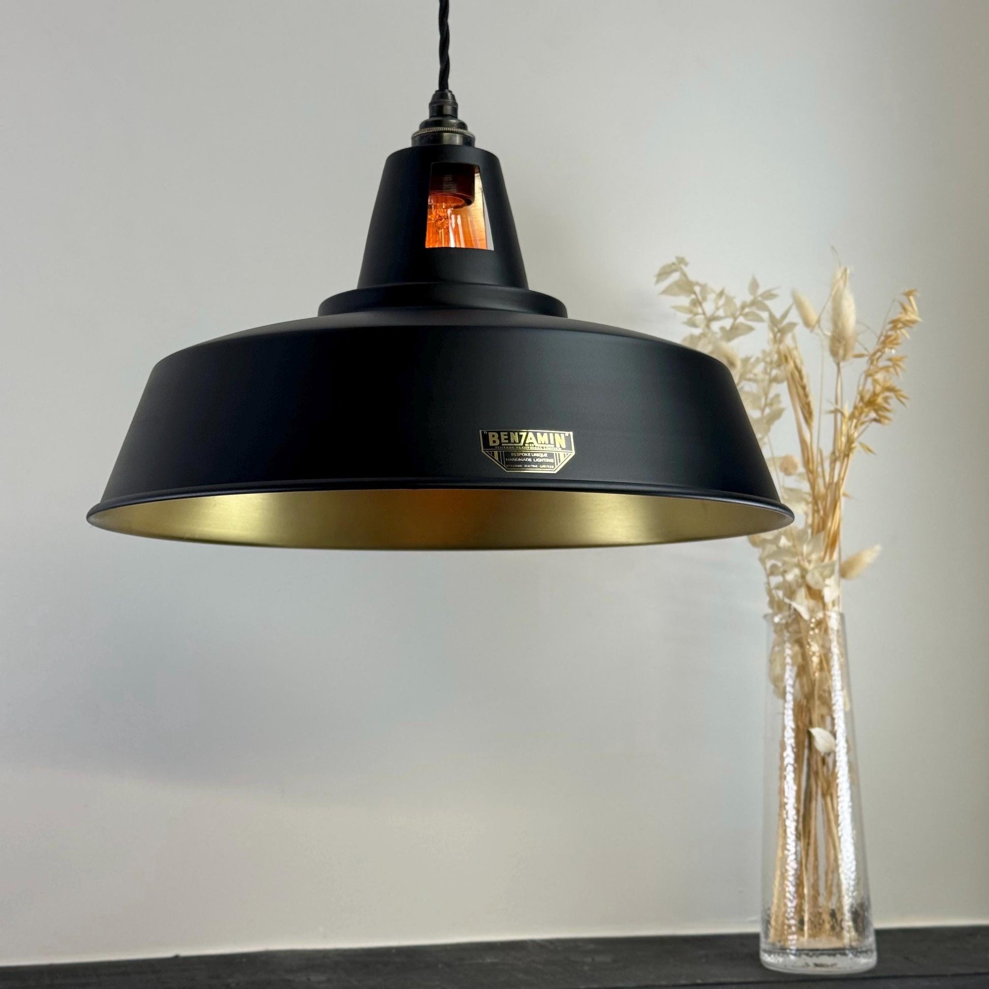 Wolferton XL ~ Matt Black & Brass Lampshade Coolie Design Pendant Ceiling Light ~ 15.5 Inch