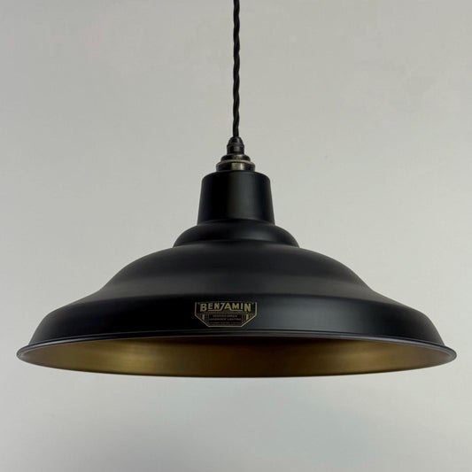 Bawsey ~ Matt Black & Antique Brass Lampshade Pendant Ceiling Light ~ 16 Inch