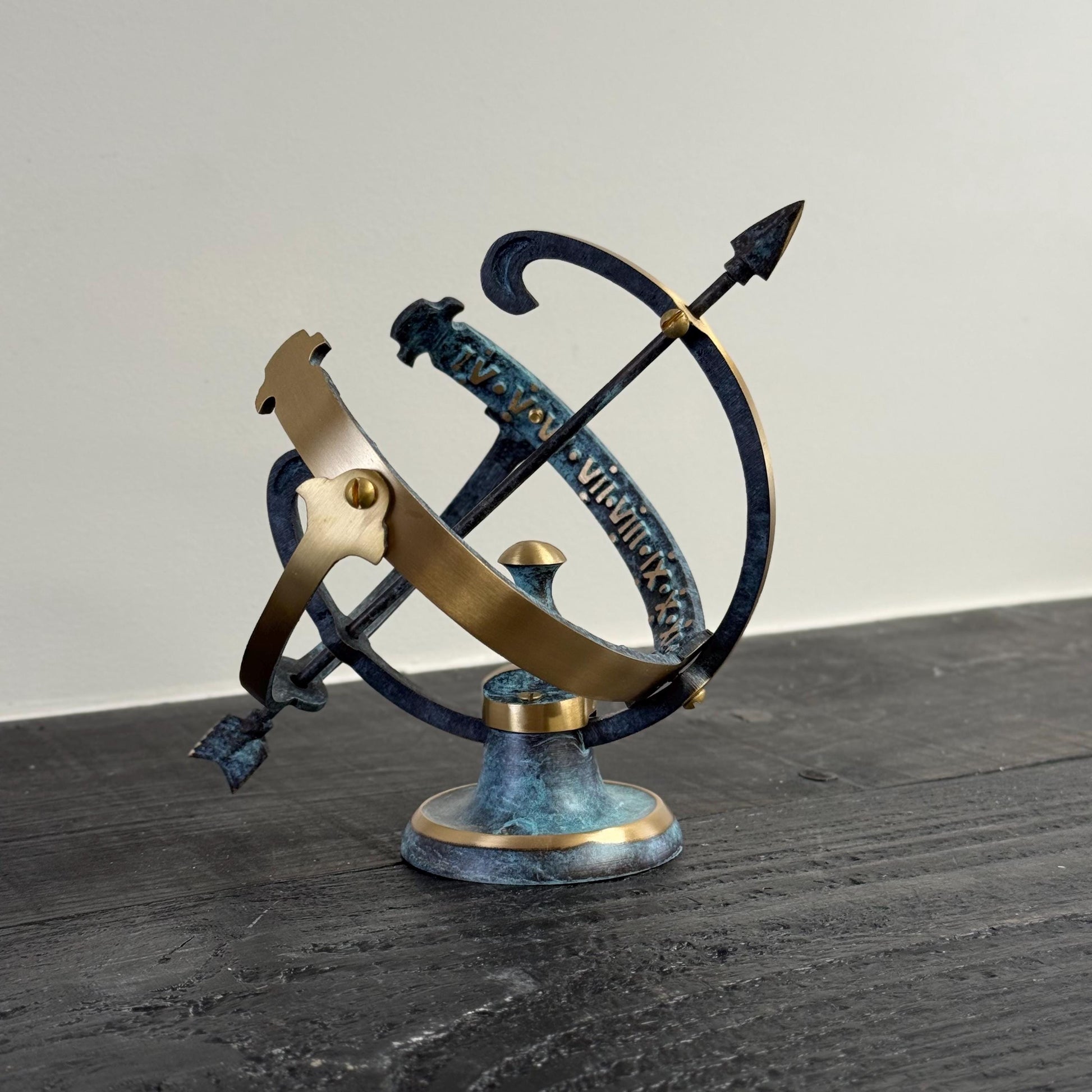 Armillary Small Sphere Sundial Solid Brass and Verdigris Patina Bronze Sculpture Sun Dial Watch Clock ~ Maxlume