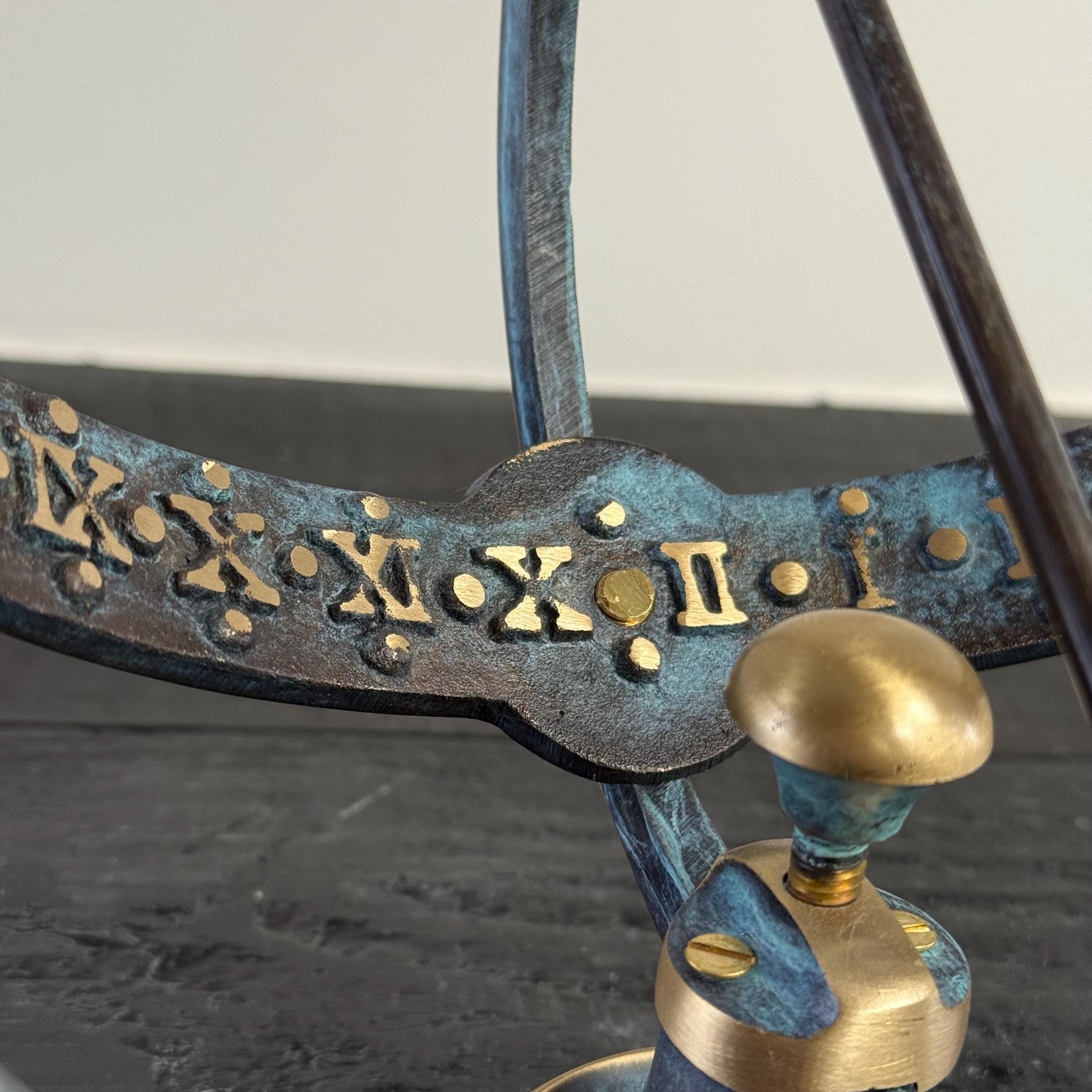 Armillary Medium Sphere Sundial Solid Brass and Verdigris Patina Bronze Sculpture Sun Dial Watch Clock