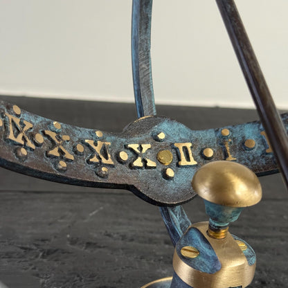 Armillary Medium Sphere Sundial Solid Brass and Verdigris Patina Bronze Sculpture Sun Dial Watch Clock