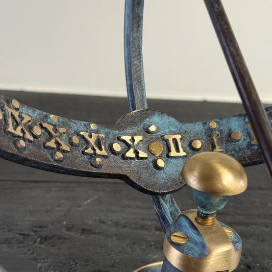 Armillary Medium Sphere Sundial Solid Brass and Verdigris Patina Bronze Sculpture Sun Dial Watch Clock