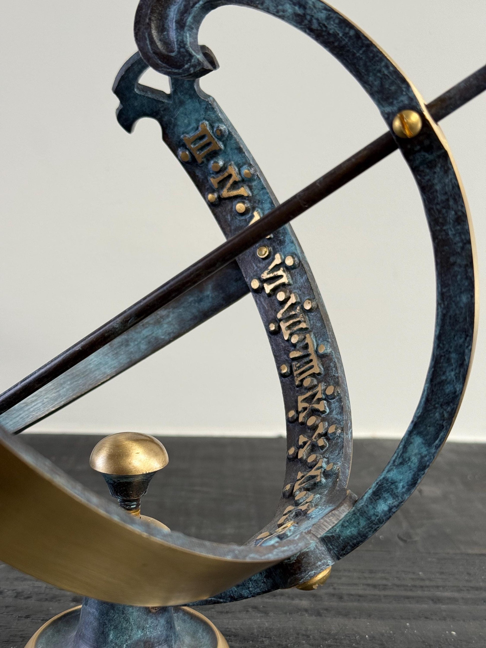 Armillary Medium Sphere Sundial Solid Brass and Verdigris Patina Bronze Sculpture Sun Dial Watch Clock