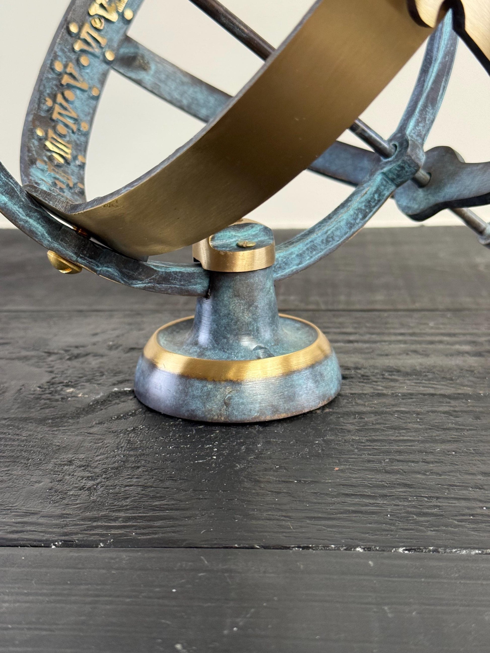 Armillary Medium Sphere Sundial Solid Brass and Verdigris Patina Bronze Sculpture Sun Dial Watch Clock