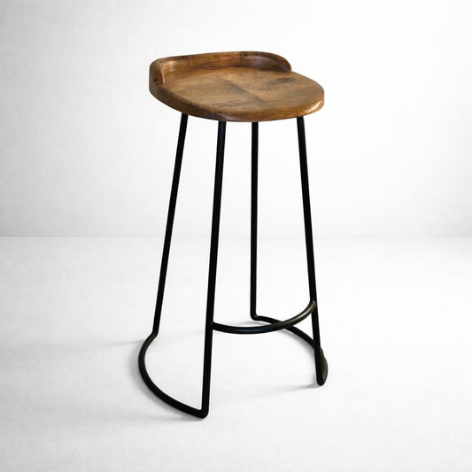 Solid Mango Wooden Top Bar Stool Hand Crafted | Solid Cast Metal | Floor Standing | Kitchen Black Iron | Industrial Tractor Seat