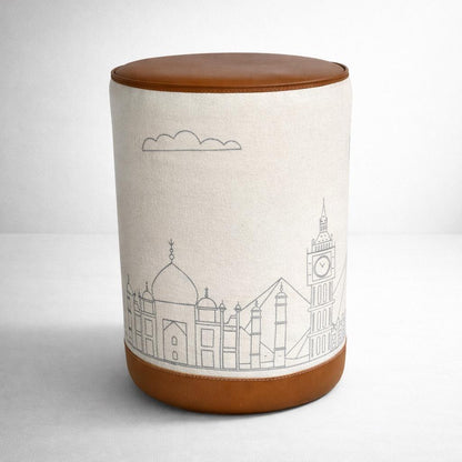 Pouffe ‘Wonders Of The World’ Pouf Solid Base Genuine Leather | Vintage Style | Floor Standing | Man Cave Stool ~ Handcrafted By Maxlume