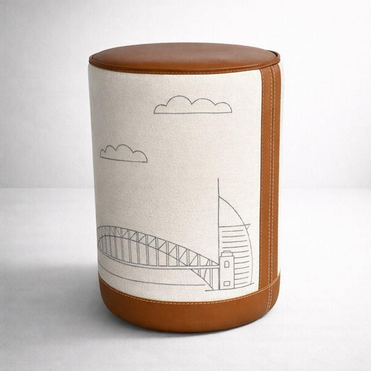 Pouffe ‘Wonders Of The World’ Pouf Solid Base Genuine Leather | Vintage Style | Floor Standing | Man Cave Stool ~ Handcrafted By Maxlume