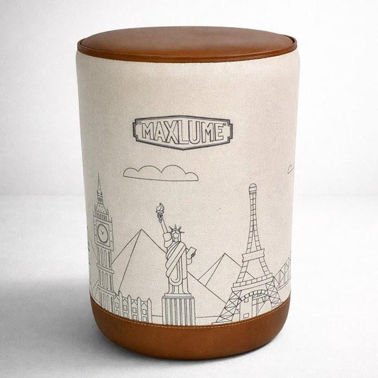 Pouffe ‘Wonders Of The World’ Pouf Solid Base Genuine Leather | Vintage Style | Floor Standing | Man Cave Stool ~ Handcrafted By Maxlume