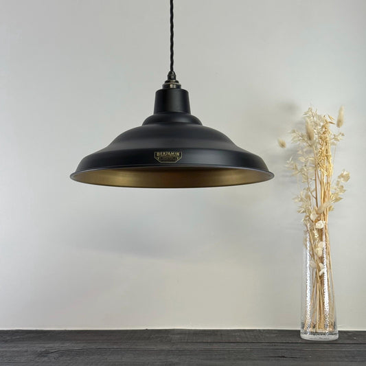 Bawsey ~ Matt Black & Antique Brass Lampshade Pendant Ceiling Light ~ 16 Inch