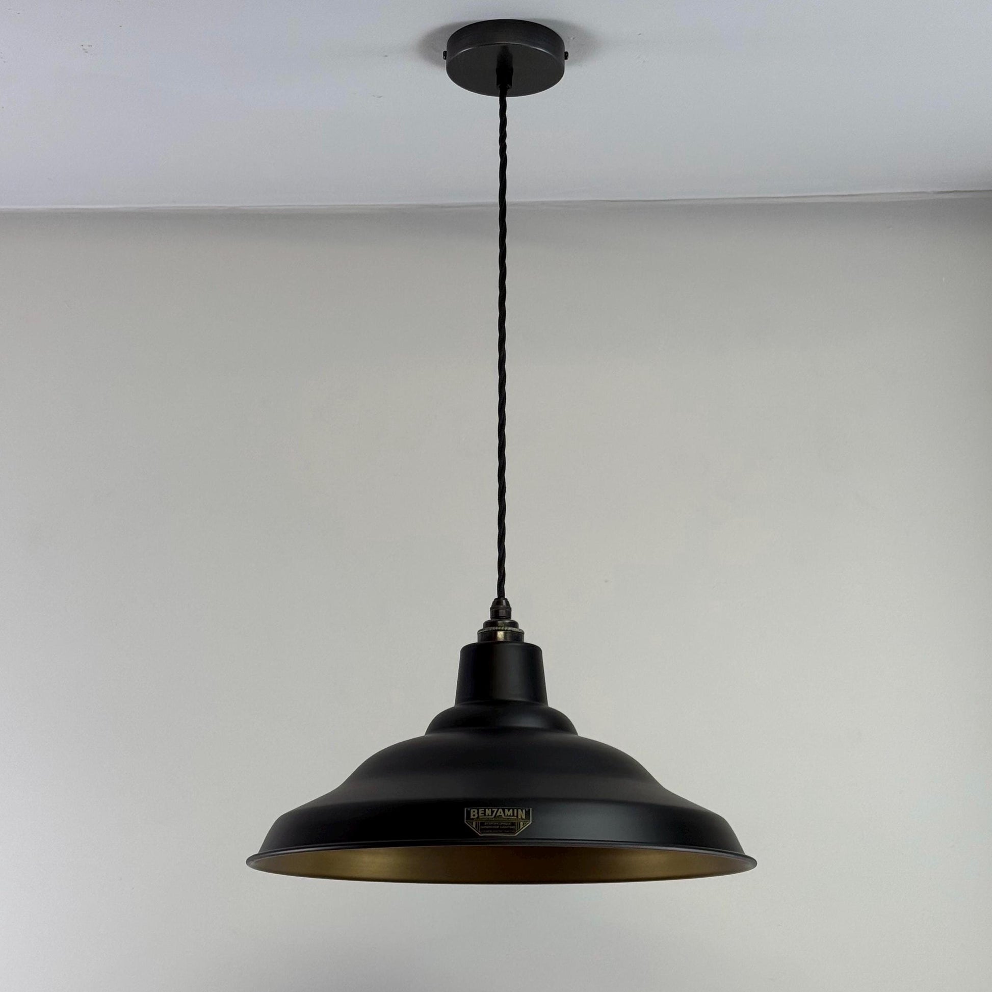 Bawsey ~ Matt Black & Antique Brass Lampshade Pendant Ceiling Light ~ 16 Inch