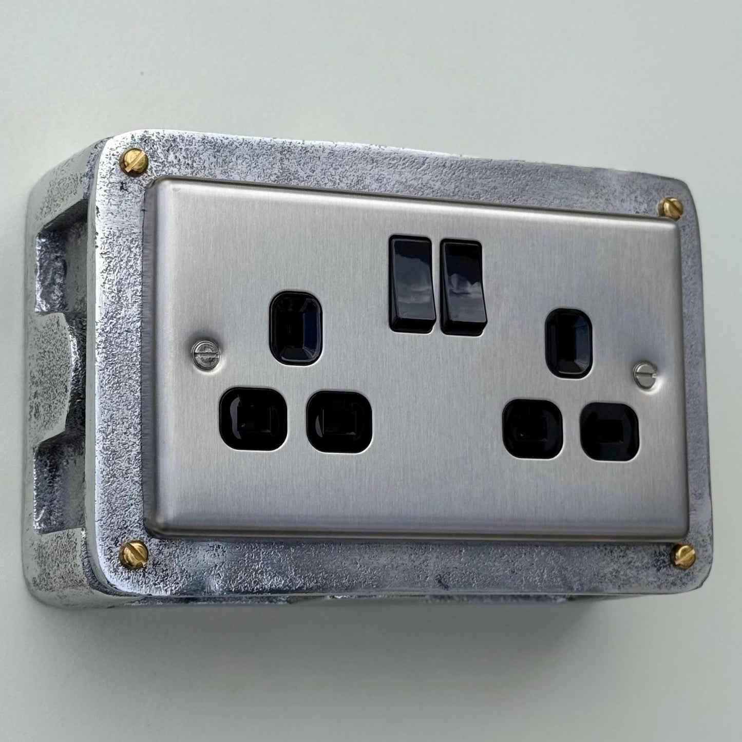 Brushed Steel Double Switched 13A Power Socket 230V 2 Gang 2G Socket Cast Metal Conduit Switch Industrial - BS EN Approved Vintage