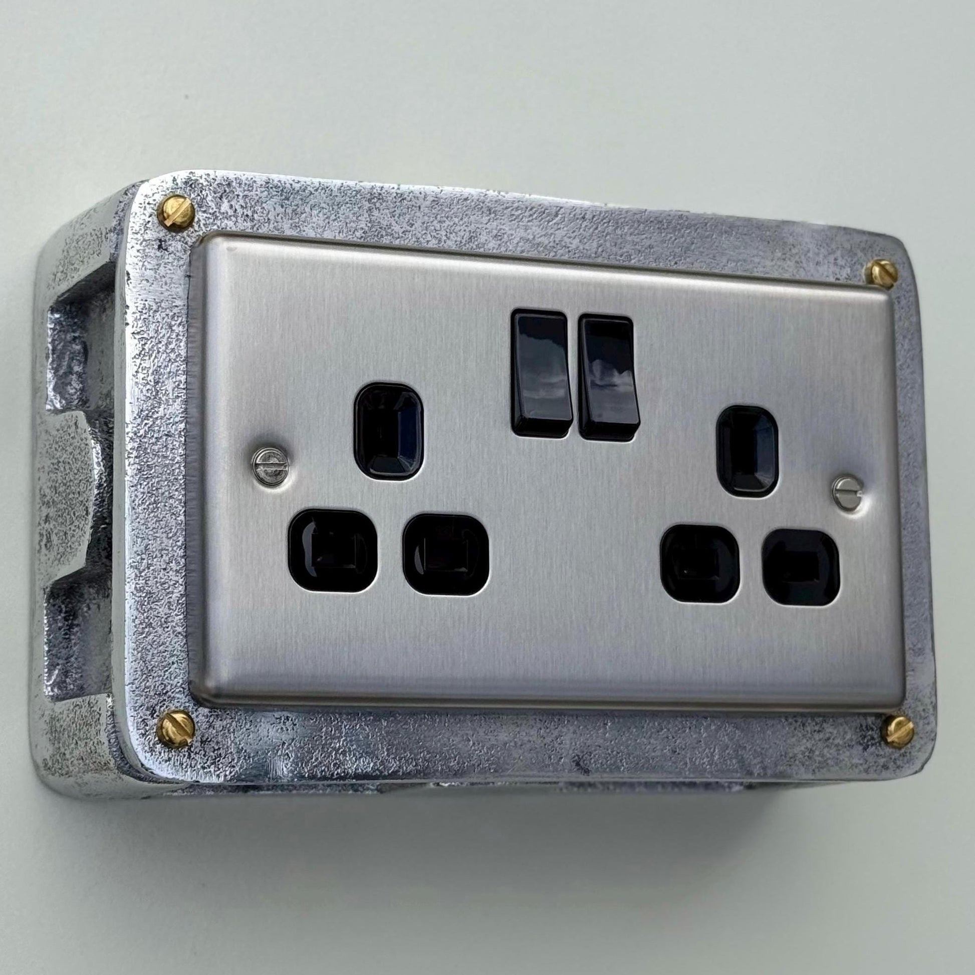 Brushed Steel Double Switched 13A Power Socket 230V 2 Gang 2G Socket Cast Metal Conduit Switch Industrial - BS EN Approved Vintage