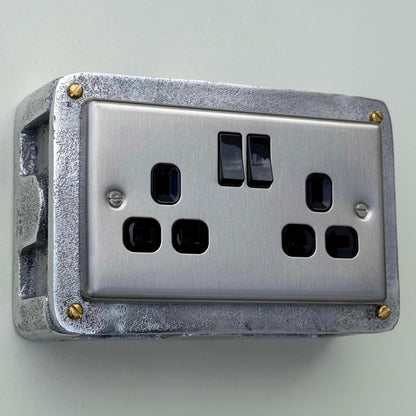 Brushed Steel Double Switched 13A Power Socket 230V 2 Gang 2G Socket Cast Metal Conduit Switch Industrial - BS EN Approved Vintage