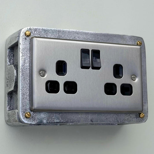 Brushed Steel Double Switched 13A Power Socket 230V 2 Gang 2G Socket Cast Metal Conduit Switch Industrial - BS EN Approved Vintage