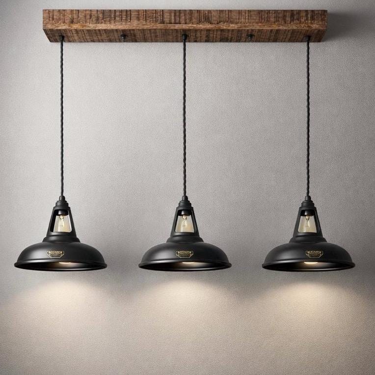 Cawston - Triple Industrial Pendant Light Bar - Rustic Wood Beam & Pewter Grey Metal Shades