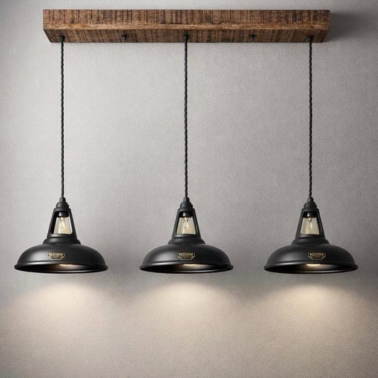 Cawston - Triple Industrial Pendant Light Bar - Rustic Wood Beam & Pewter Grey Metal Shades