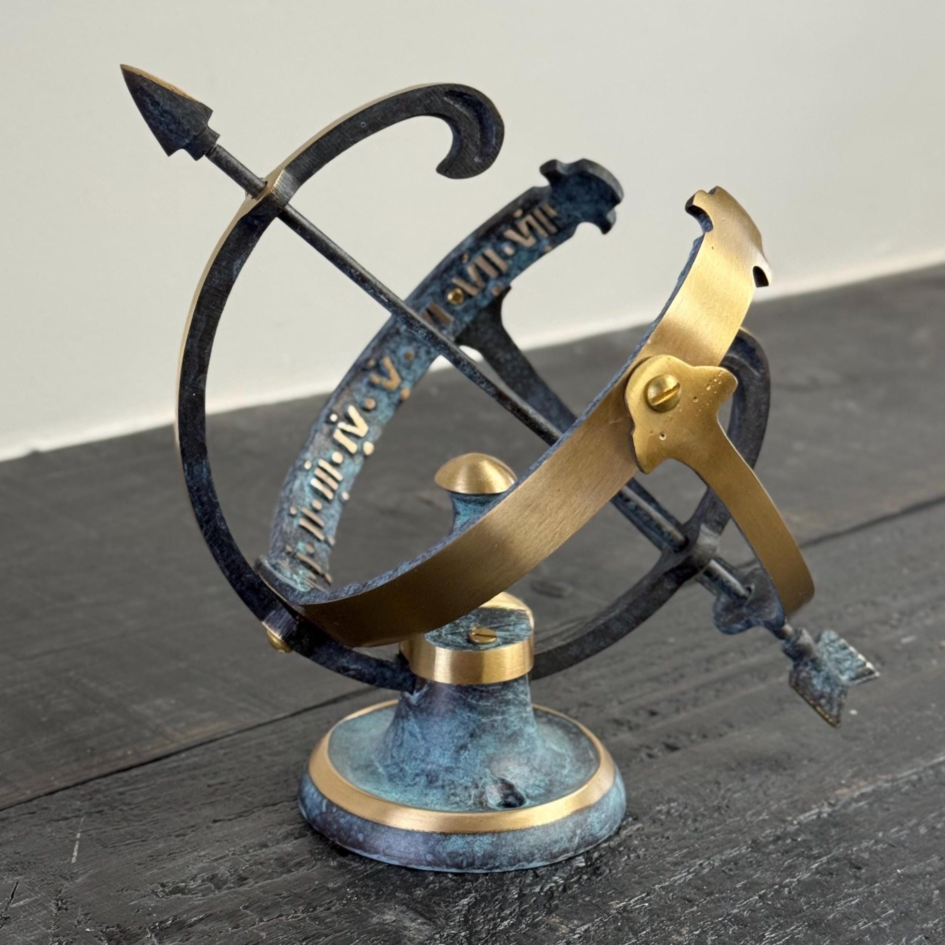 Armillary Small Sphere Sundial Solid Brass and Verdigris Patina Bronze Sculpture Sun Dial Watch Clock ~ Maxlume