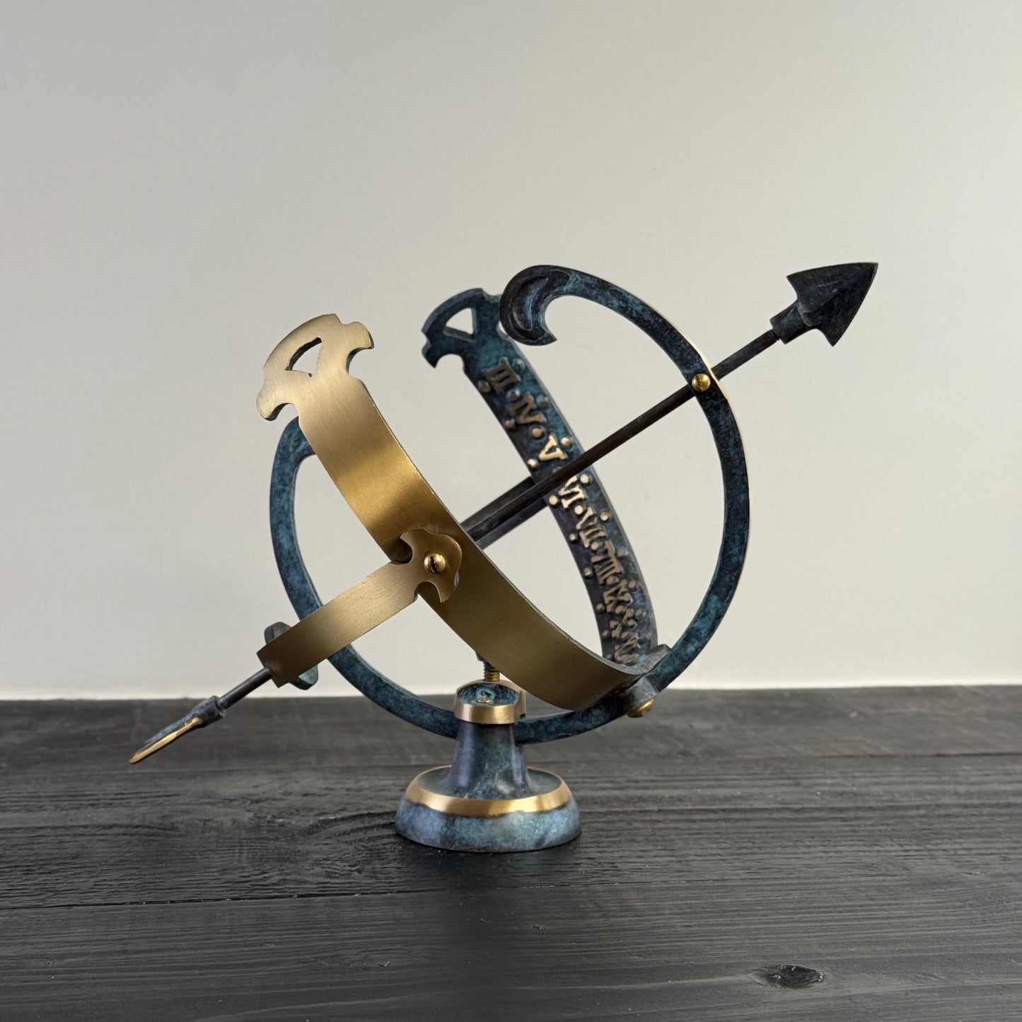 Armillary Medium Sphere Sundial Solid Brass and Verdigris Patina Bronze Sculpture Sun Dial Watch Clock