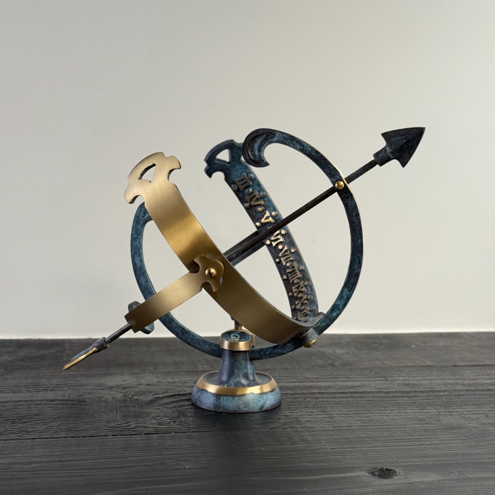 Armillary Medium Sphere Sundial Solid Brass and Verdigris Patina Bronze Sculpture Sun Dial Watch Clock