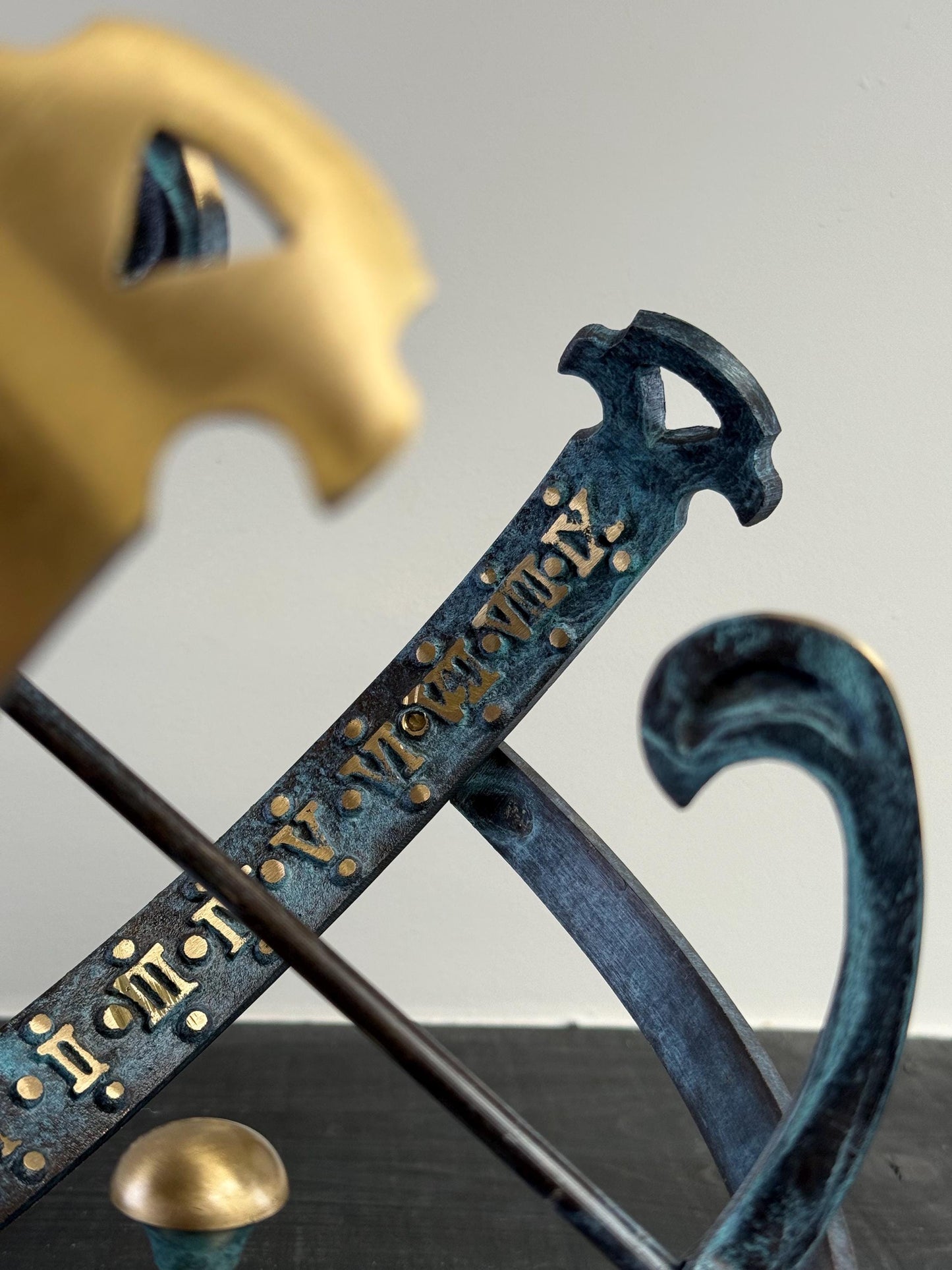 Armillary Medium Sphere Sundial Solid Brass and Verdigris Patina Bronze Sculpture Sun Dial Watch Clock