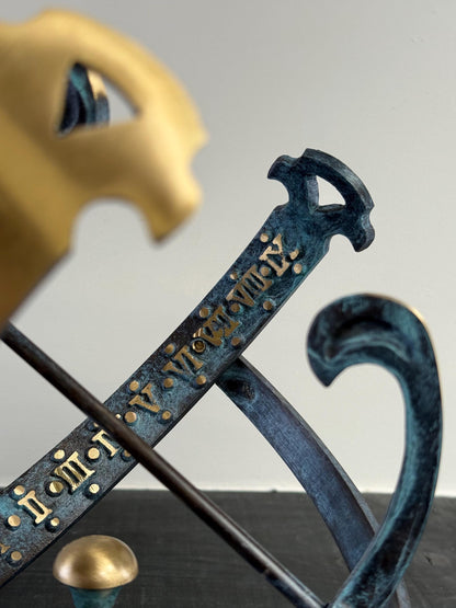 Armillary Medium Sphere Sundial Solid Brass and Verdigris Patina Bronze Sculpture Sun Dial Watch Clock