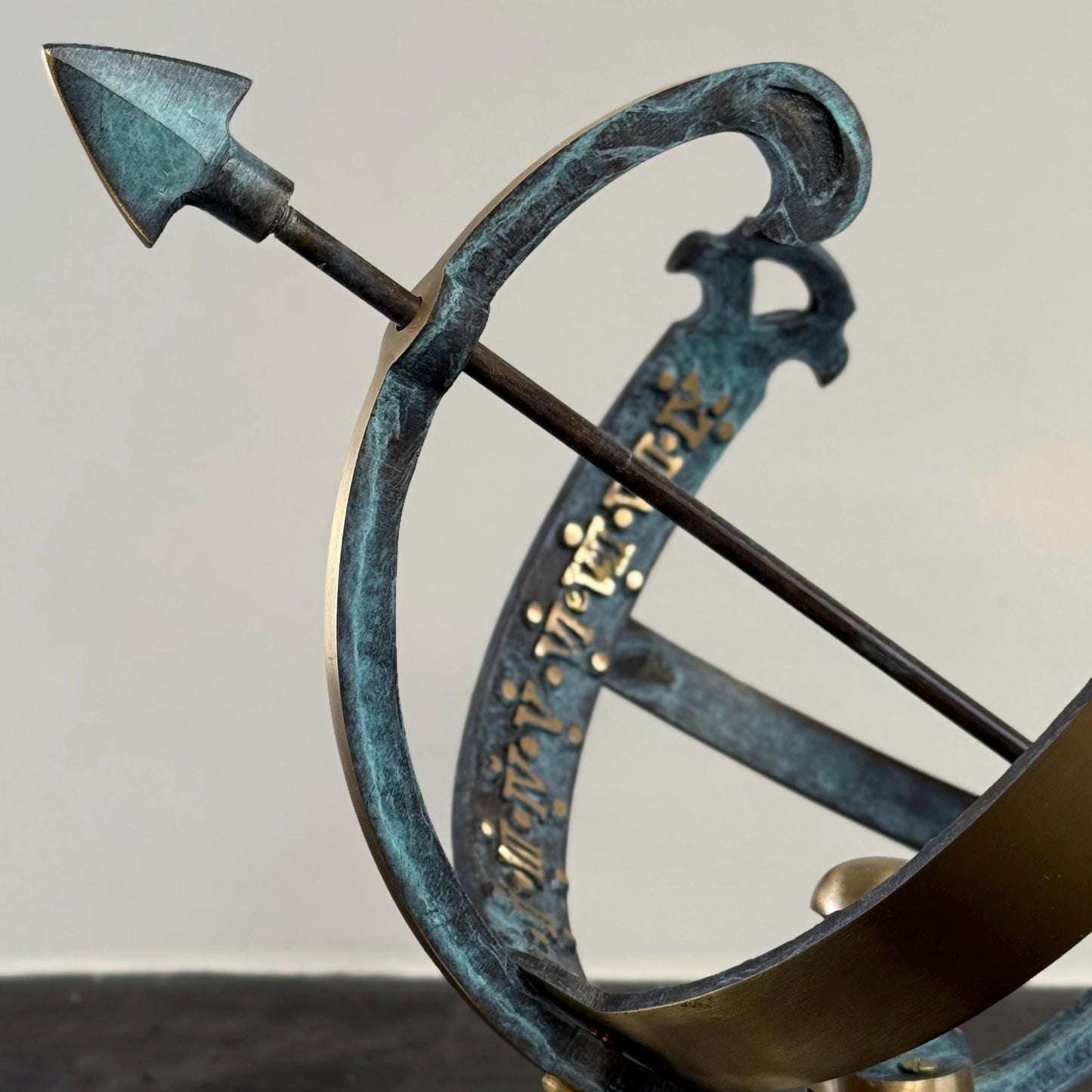 Armillary Medium Sphere Sundial Solid Brass and Verdigris Patina Bronze Sculpture Sun Dial Watch Clock