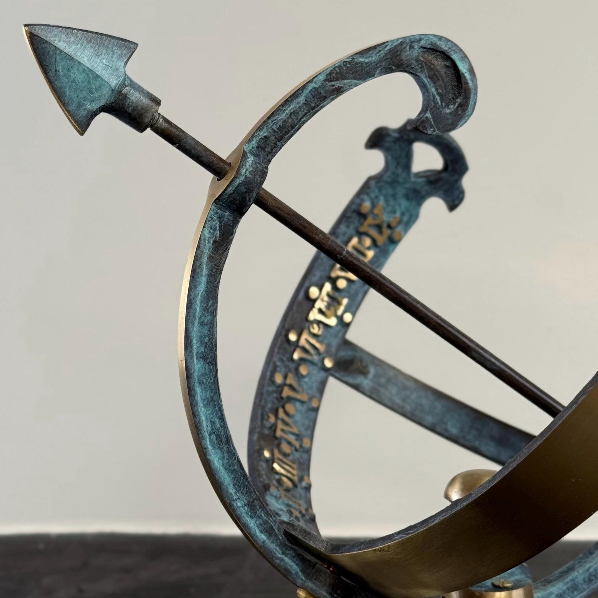 Armillary Medium Sphere Sundial Solid Brass and Verdigris Patina Bronze Sculpture Sun Dial Watch Clock