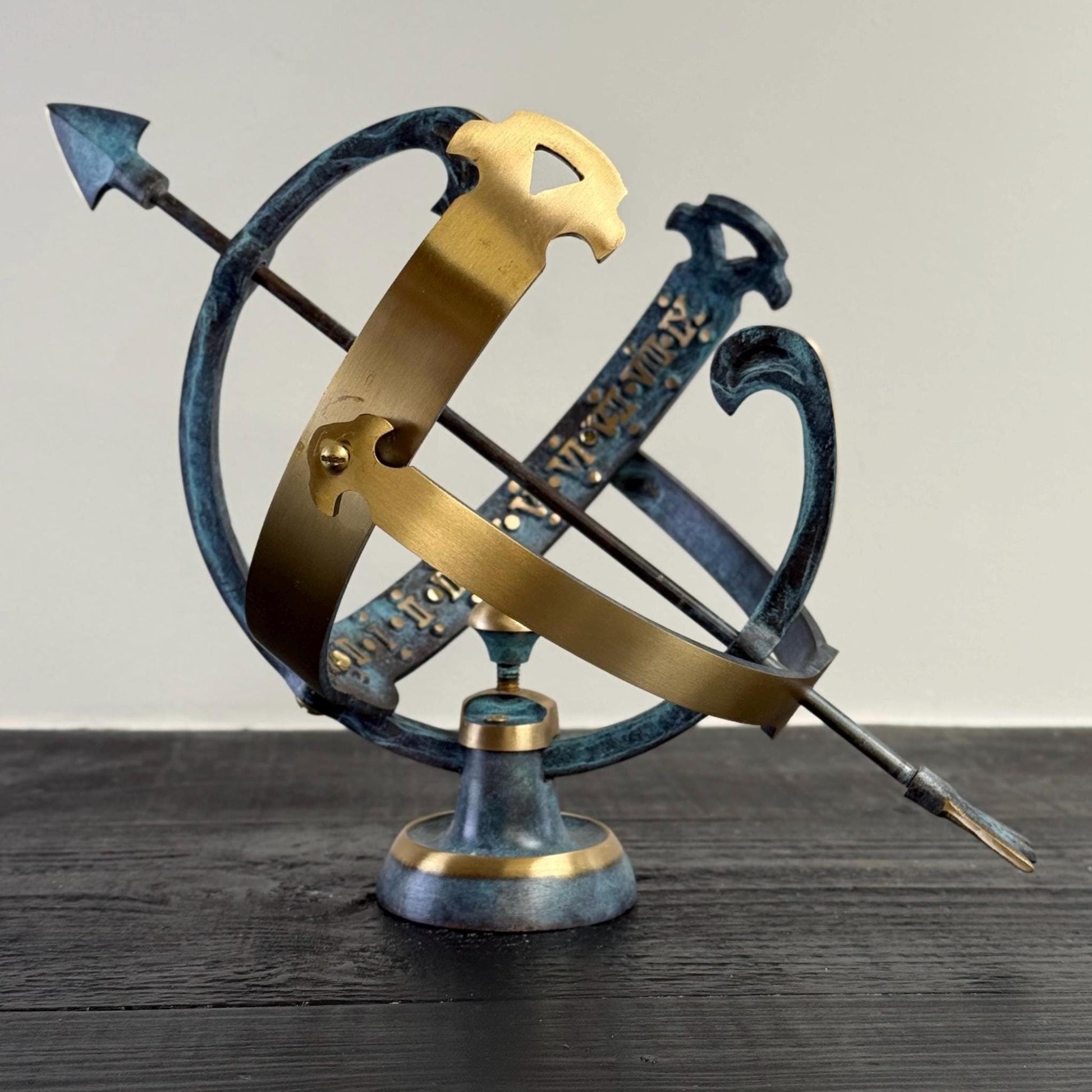 Armillary Medium Sphere Sundial Solid Brass and Verdigris Patina Bronze Sculpture Sun Dial Watch Clock