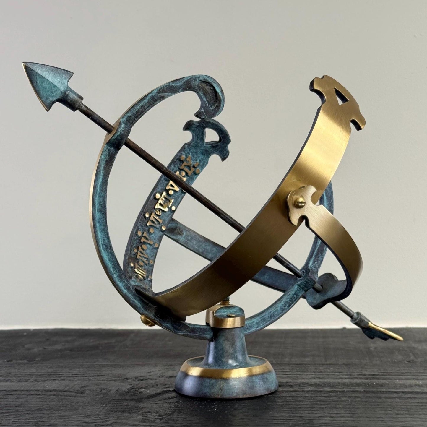 Armillary Medium Sphere Sundial Solid Brass and Verdigris Patina Bronze Sculpture Sun Dial Watch Clock