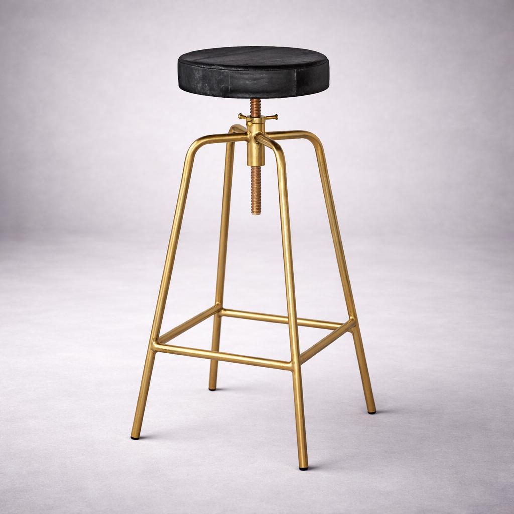 Patinated Brass Industrial Leather Bar Stool | Vintage Style | Solid Cast Metal | Floor Standing