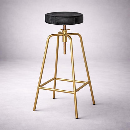 Patinated Brass Industrial Leather Bar Stool | Vintage Style | Solid Cast Metal | Floor Standing
