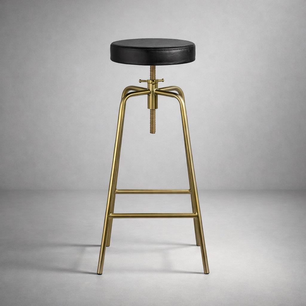 Patinated Brass Industrial Leather Bar Stool | Vintage Style | Solid Cast Metal | Floor Standing