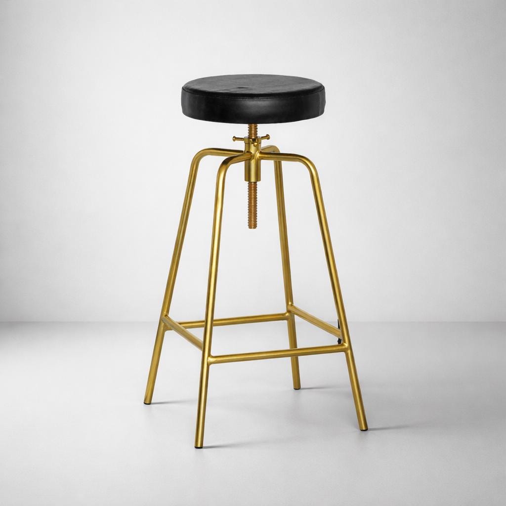 Patinated Brass Industrial Leather Bar Stool | Vintage Style | Solid Cast Metal | Floor Standing