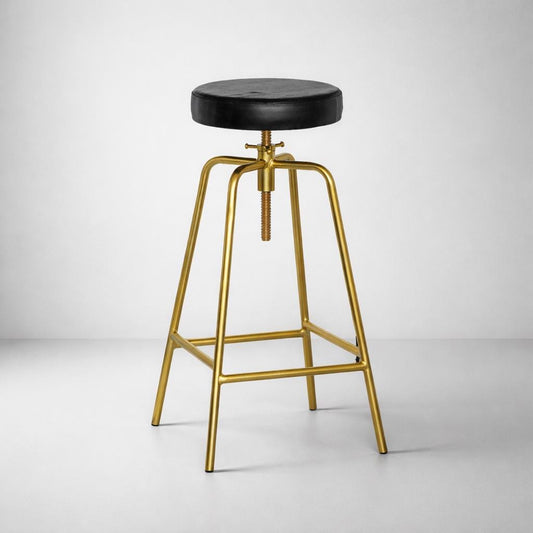 Patinated Brass Industrial Leather Bar Stool | Vintage Style | Solid Cast Metal | Floor Standing