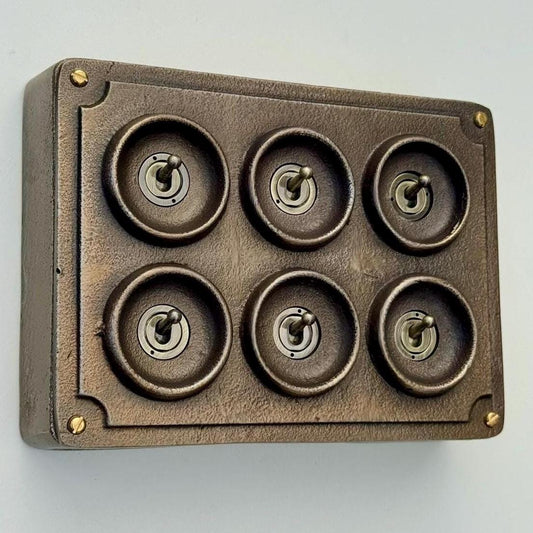 6 Gang 2 Way Antique Brass Solid Cast Metal Conduit Bronze Light Switch - Vintage Crabtree Style