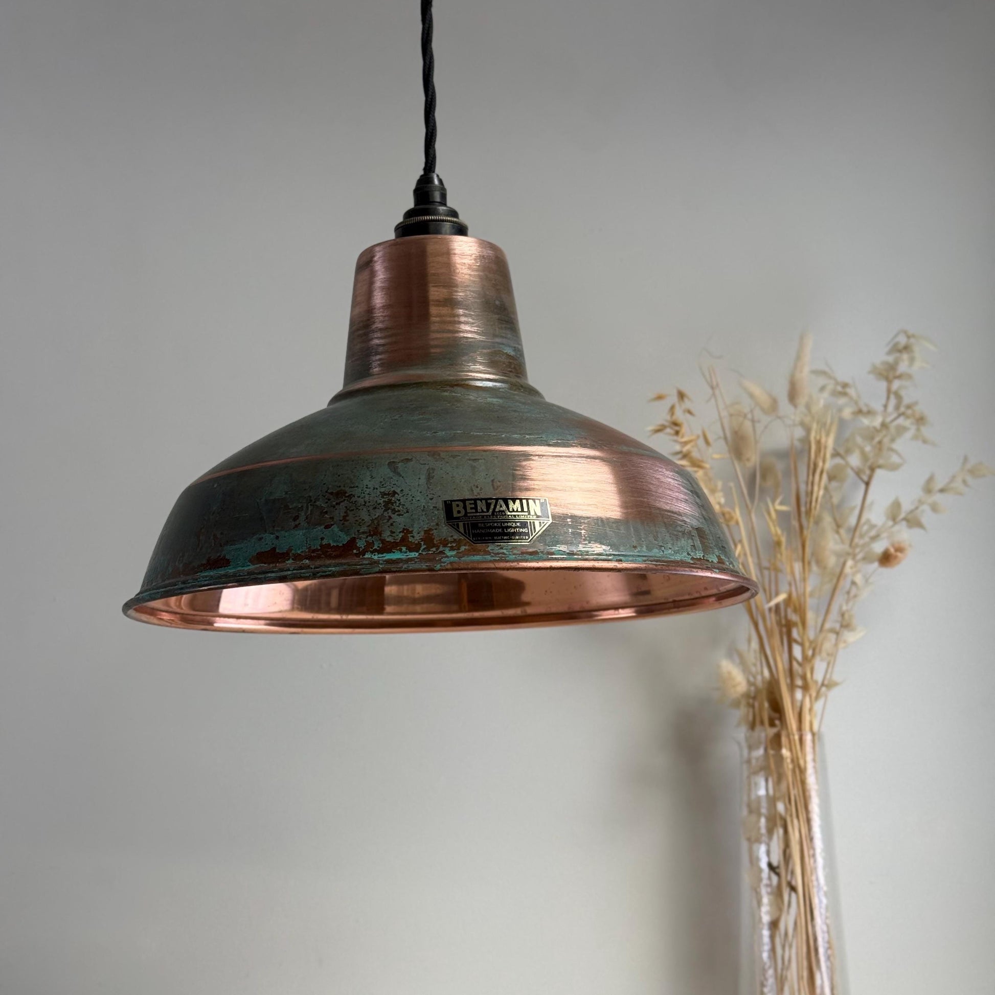 Filby ~ Solid Copper Verdigris Patina Reflector Shade Pendant Set Light | Ceiling Dining Room | Kitchen Table | Vintage Bulb | 12.5 Inch