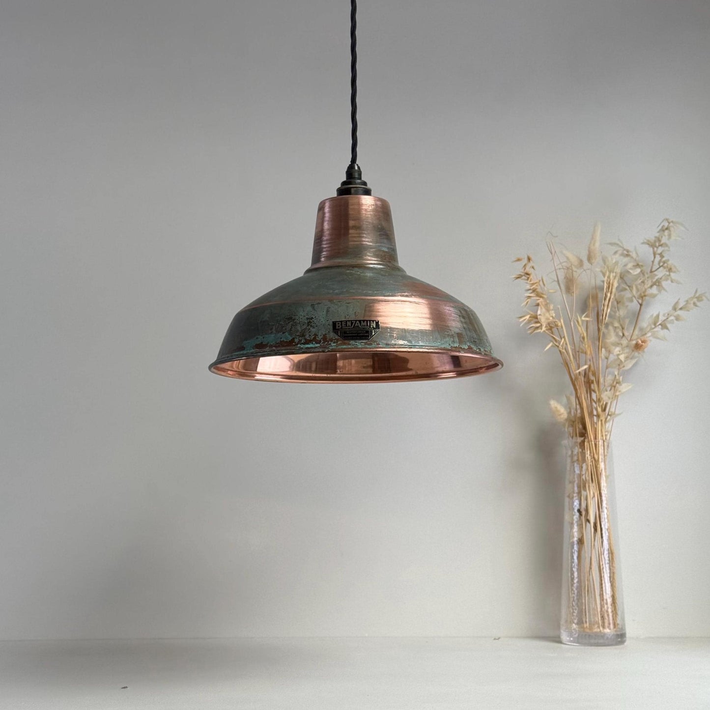 Filby ~ Solid Copper Verdigris Patina Reflector Shade Pendant Set Light | Ceiling Dining Room | Kitchen Table | Vintage Bulb | 12.5 Inch